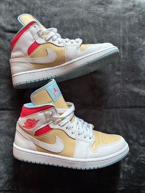 Jordan Mid-Top Sneakers in White, Tan & Red with Light Blue Accents